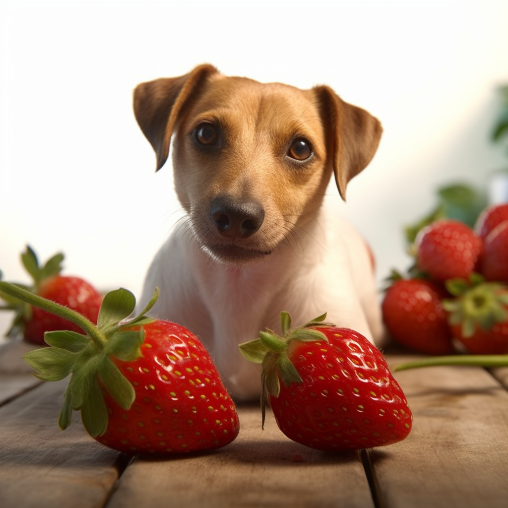 Hund guckt Erdbeeren an.